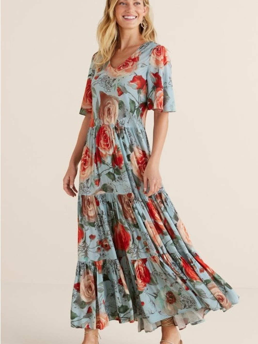 Soft Surroundings Sky Blue Maxi Dress with Red Rose Print